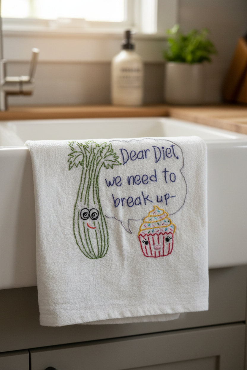 Hand Embroidered "Dear Diet, We Need to Break Up" Kitchen Towel
