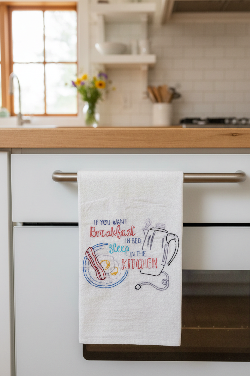 Hand Embroidered "If You Want Breakfast in Bed, Sleep in the Kitchen" Kitchen Towel