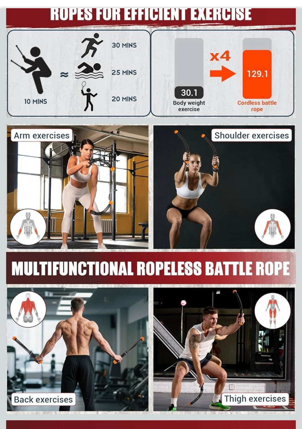 Cordless Battle Rope for Home Gym, Heavy Duty Portable with Poster Weighted Ropeless Battle Rope for Strength Building, Cardio Fitness, HIIT, Forearm Exercise. Arm Trainer Workout Equipment.