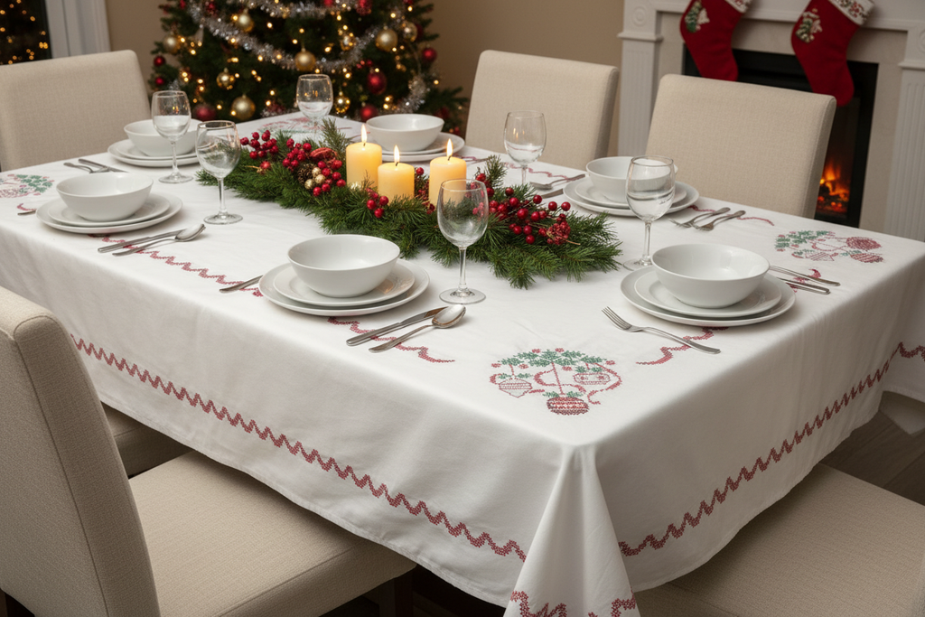 Hand Cross-Stitched Christmas Tablecloth — Ornaments & Garland