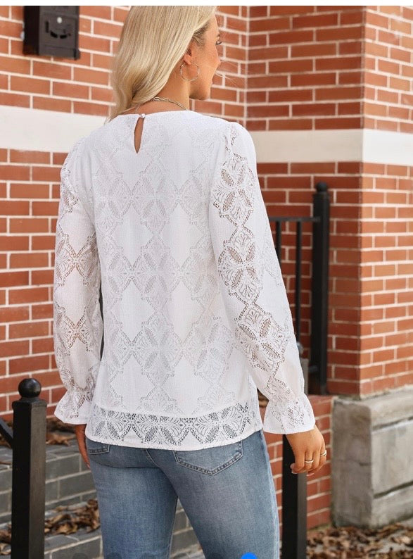 LOMON Womens Long Sleeve Shirts Crewneck Lace Tops Eyelet Blouses Business Casual Trendy 2026 Fall Fashion Outfits Clothes - Size Large