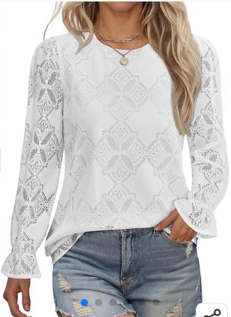 LOMON Womens Long Sleeve Shirts Crewneck Lace Tops Eyelet Blouses Business Casual Trendy 2026 Fall Fashion Outfits Clothes - Size Large