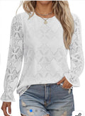 LOMON Womens Long Sleeve Shirts Crewneck Lace Tops Eyelet Blouses Business Casual Trendy 2026 Fall Fashion Outfits Clothes - Size Large
