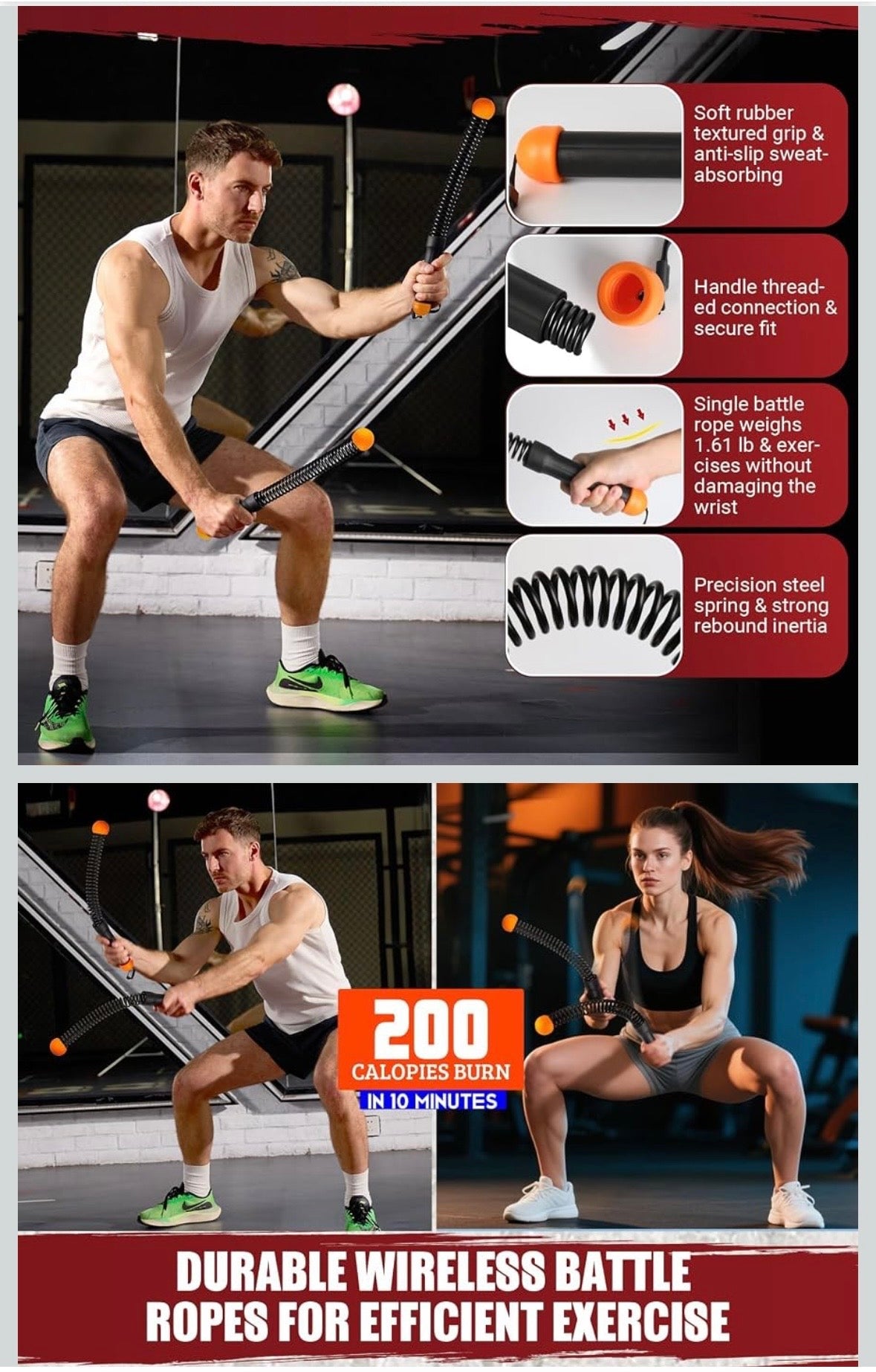 Cordless Battle Rope for Home Gym, Heavy Duty Portable with Poster Weighted Ropeless Battle Rope for Strength Building, Cardio Fitness, HIIT, Forearm Exercise. Arm Trainer Workout Equipment.
