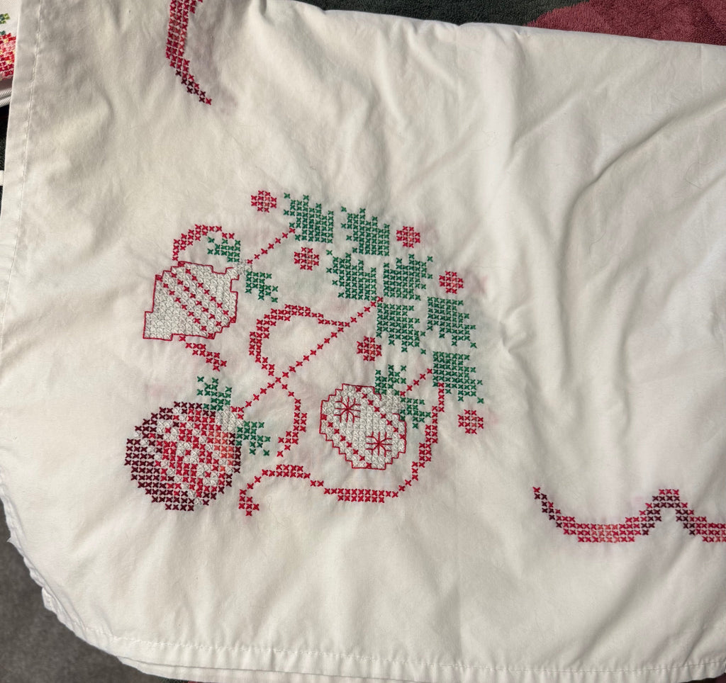 Hand Cross-Stitched Christmas Tablecloth — Ornaments & Garland