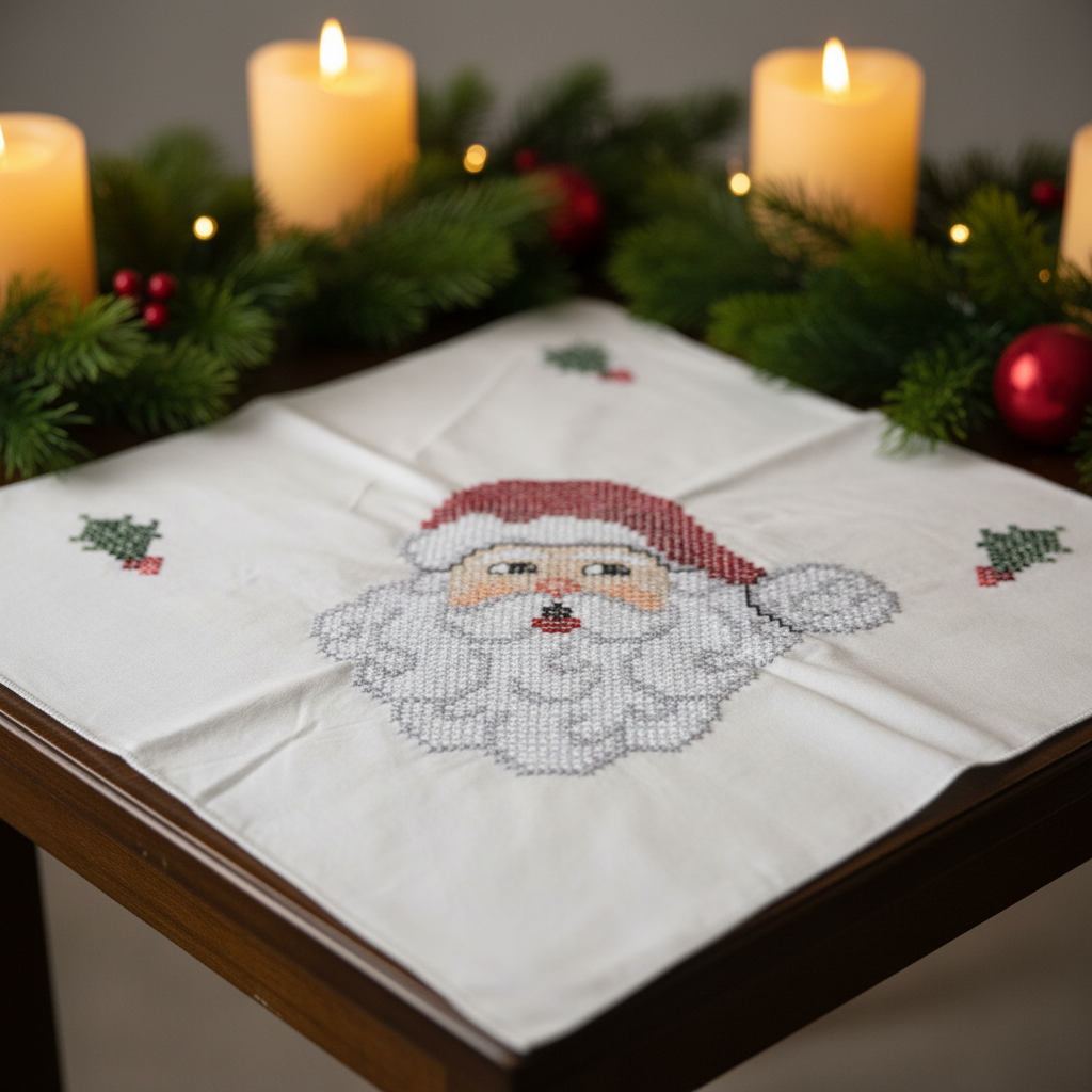 Santa Cross-Stitch Table Topper Close Up
