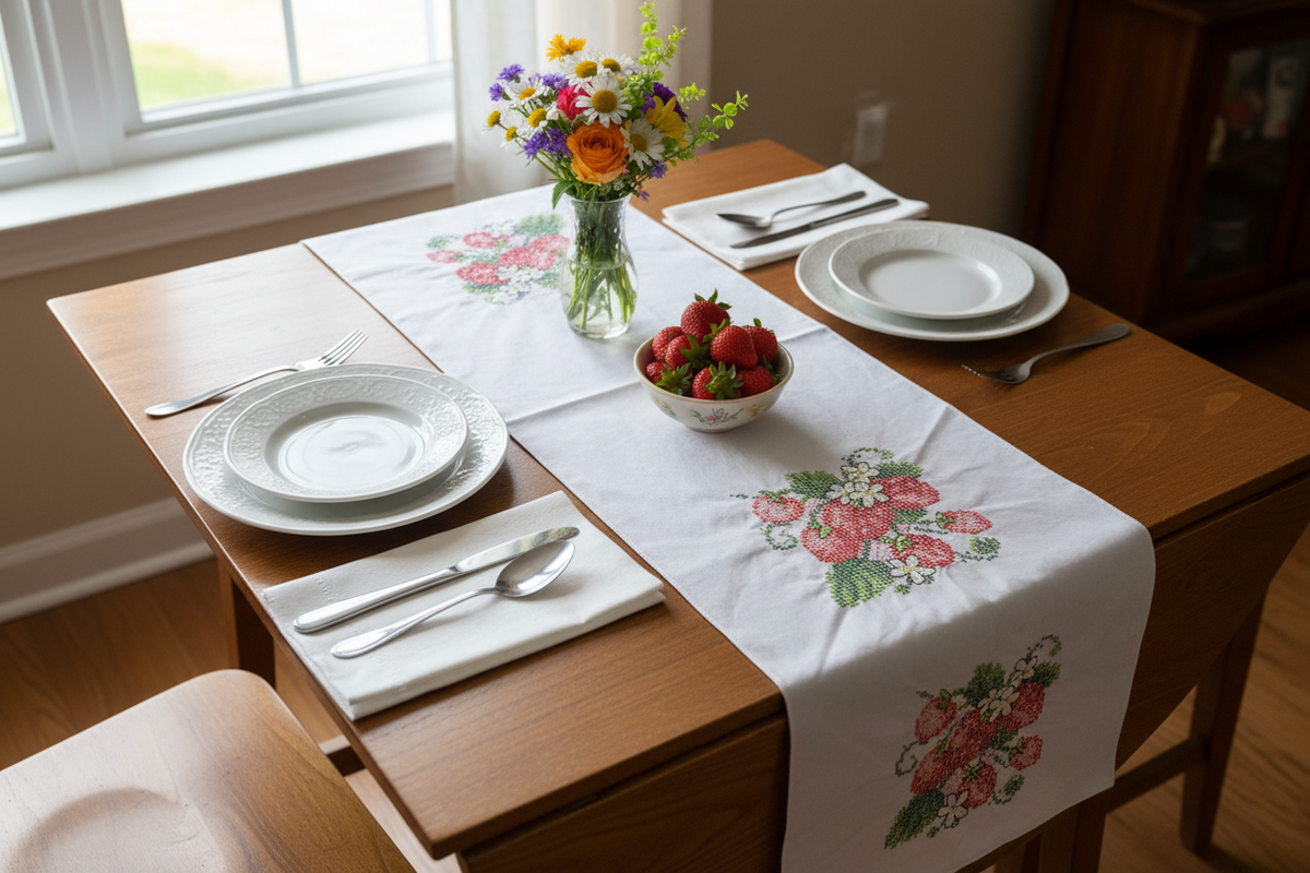 Strawberry Table Runner on Card Table